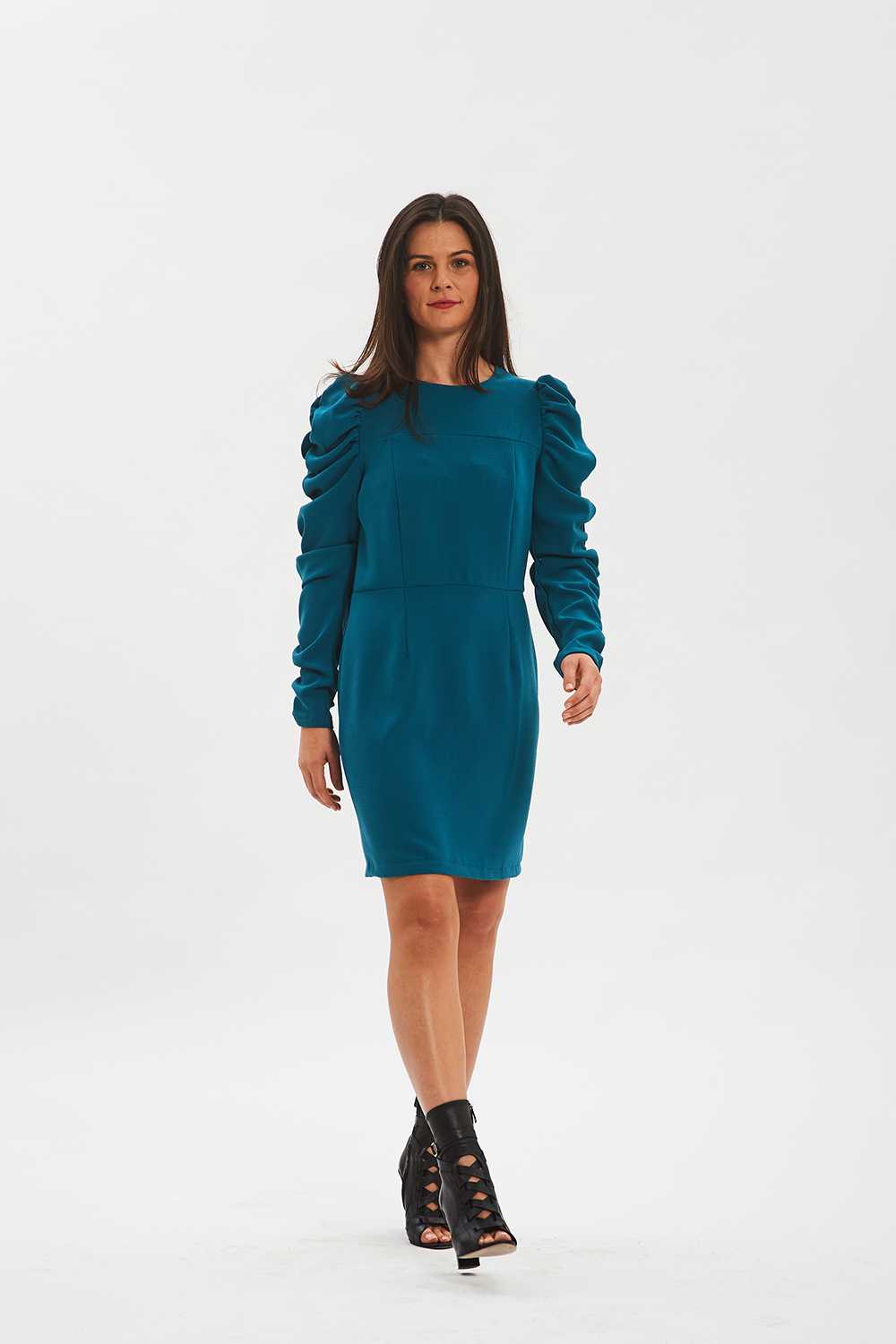 roma petrolio front vestito da sera color petrolio con manica a sbuffo fisto firenze